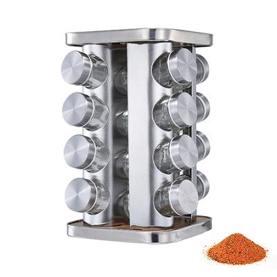 China Spice Jar Organizer Stainless Steel Carousel Kitchen Revolving Spice Rack Set With Glass Bottle for sale