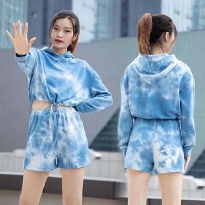 China French Cropped Apparel 65 Polyester 35 Top Cotton Women Crop Dye Tie Anti-pilling Terry Cloth Hoodie And Shorts Set for sale