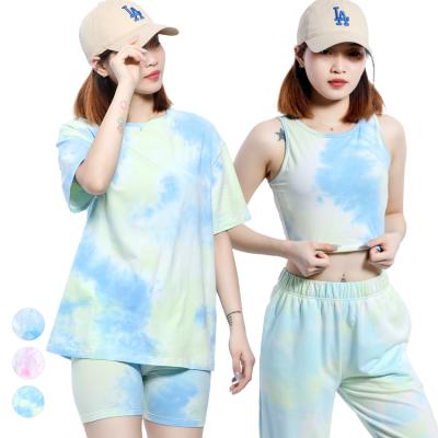 China Anti-pilling summer tie dye custom women T-shirt tank tops and pants 2 or 4 piece ladies cotton loungewear short joggers sets for sale