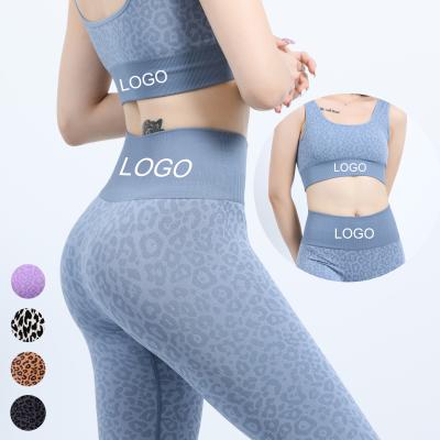 China Breathable Animal Leopard Print Two Piece Gym Clothing Active Wear Women Knitted Crac! crack! seamless sets of gaiters for sale