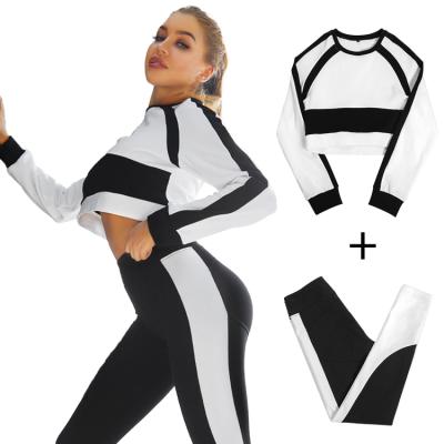 China Breathable Two Tone White Fitness Gym 2 Piece Long Sleeve Black Plaid Yoga Suit Workout Clothes Activewear Gym Wear Sets For Women for sale