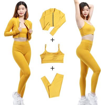 China Custom Women's Zipper Crop Jacket Fitness Legging Sets 3 Pieces Plain Gym Workout Wear Yoga Clothing Women Breathable Sports Bra With Jacket for sale