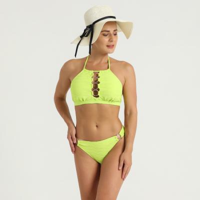 China Plus Size Suppliers Custom Two Piece Lace Up Bikini Swimwear Light Color Nylon Sexy Hollow Out Swimwear Wholesale for sale