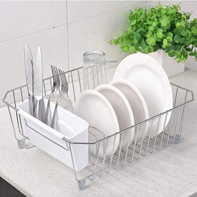 China Sustainable Kitchen Chrome Metal Wire Dish Drying Rack Over Sink Drainer With Plastic Utensils Holder for sale