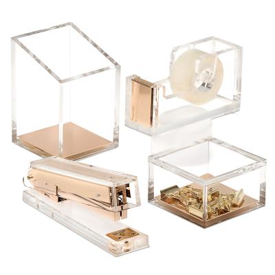 China Modern Clear Desktop Acrylic Gold Stapler Set With Stapler Tape Dispenser Pen Holder Note Box Remover for sale