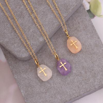 China QIFEI Wholesale Ladies Fashion Stainless Steel Natural Stone Jewelry Cross Pendant Necklace Women FASHIONABLE Necklace for sale