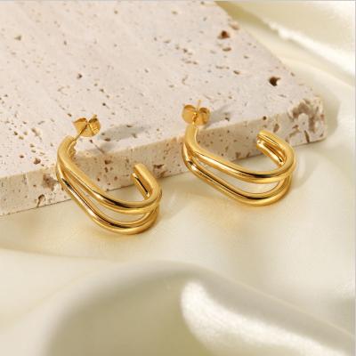 China TRENDY 18K 316L Stainless Steel Double Gold Plated Hoop Earrings Geometric C Shaped Circle Earrings Jewelry Women for sale