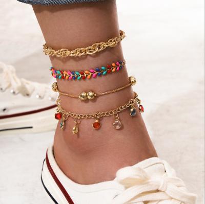 China FASHIONABLE Bohemian Oil Leaf Colorful Drip Anklet Beaded Rhinestone Tassel Foot Chain 4 Piece Set Anklet for sale