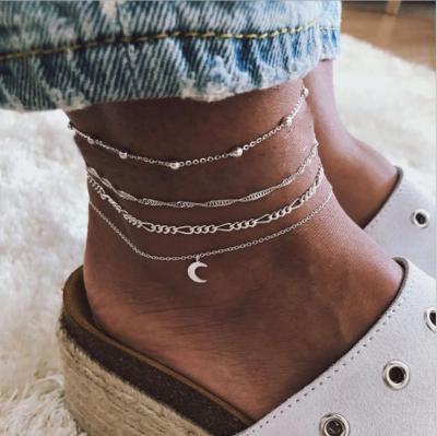 China Simple BOHEMIA Women Vintage Beach Jewelry Moon Charm Anklet Rice Bead Chain Alloy 4 Piece Anklet Set for sale