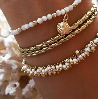 China 2021 New Arrival BOHEMIA Summer Women Fashion Alloy Bohemian Rice Beads Shell Tassel Anklet Anklet Set Of 3 for sale