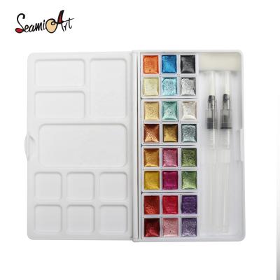 China Kids/Students/Artists Kit Glitter Solid Pearl Seamiart 24 Color Watercolor Paint Metallic Pan Set with Water 2pc Brushpen &Palette acuarelas aquarela for sale