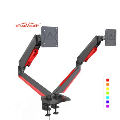 China Home Department Gaming Charmount Dual Arm Gaming Monitor Bracket With RGB Light Gaming Monitor Desktop Mount Arm for sale