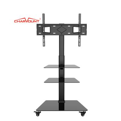 China Max VESA 600*400mm Aluminum Floor Mount Flat Panel Height Adjustable Floating TV Stand With Wheels for sale