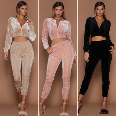 China OEM QUICK DRY Wholesale 2021 Autumn Diamond Velvet Zipper Sweater Cardigan Suit Long Pants American Casual Suit For Women for sale