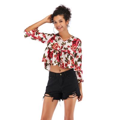 China Wholesales low MOQ anti-pilling chiffon apparel OEM floral printing women's blouse tops custom made blouse for sale