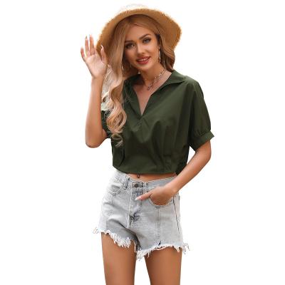 China European Green Solid Color Lapel Shirt 2021 Women's Anti-Shrink Summer New Slim Fit Short Sleeve Shirts And American Army for sale