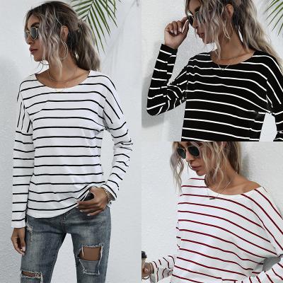 China Anti-Wrinkle Customized Women's Tops Fall / Winter Casual Shirts Off-the-Shoulder Stripes OEM Long Sleeve T-shirt Women for sale