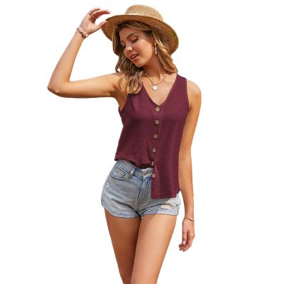 China Anti-pilling 2021 summer ladies invest loose blouse women's casual button design solid color V-neck vest for sale