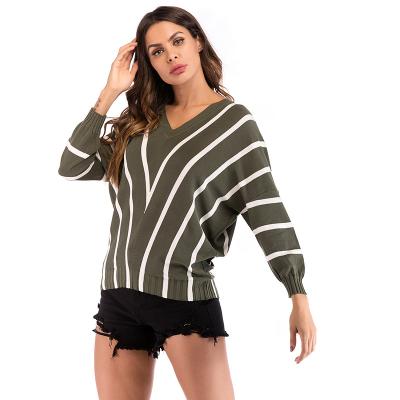 China European and American Style Women's Clothing Anti-wrinkle V-neck Sweater Green Warm Green Long Sleeve Amazon Stripe Women's Polyester Sweater for sale