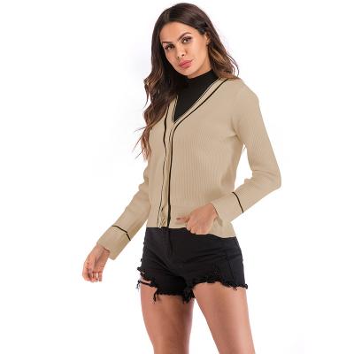 China 2021 Hot Selling Autumn V-Neck Color Amazon Women Sweater Cardigan New Styles Anti-Wrinkle Blocking Long Sleeve School Knitting Sweater for sale