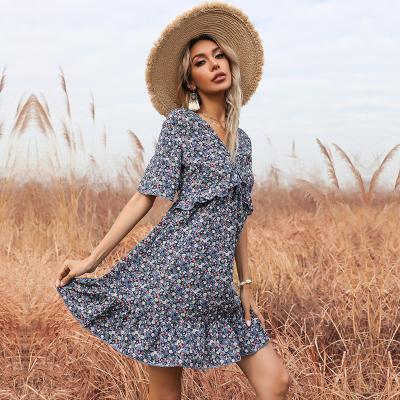 China Anti-wrinkle 2021 French Floral Short Sleeve Ruffle Halter V-Neck Summer Dress Short Casual Dress Women for sale