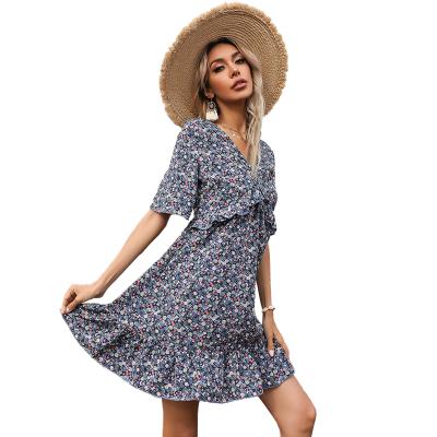 China Anti-Wrinkle Floral French Dress Sleeveless Backless Ruffle Short Shorts Shape Casual V-Neckline Ladies Dress for sale