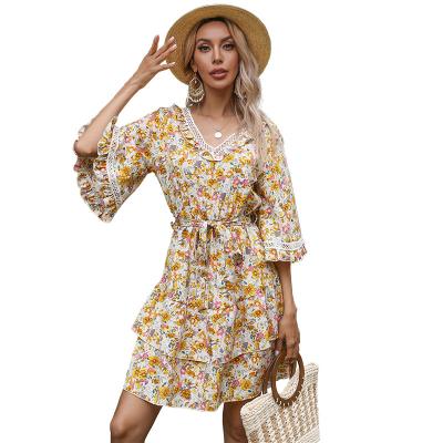 China Anti-wrinkle new 2021 autumn dress pastoral style medium-sleeved floral prickly lace ruffled bottom v-neck dress for sale