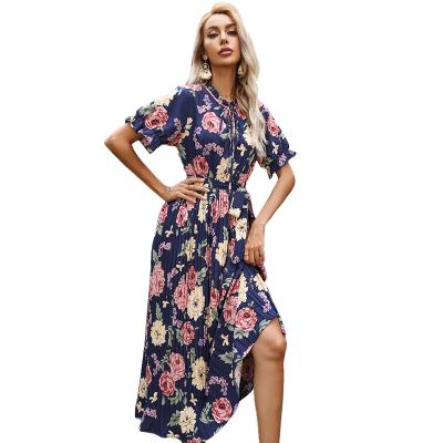 China 2021 Anti-wrinkle floral print women's dress with ruffle medium length casual pleated dress for women for sale