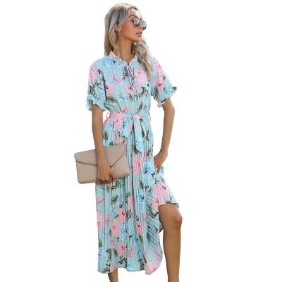 China Anti-wrinkle Pleated Dress 2021 Summer Dress Women Flower Leisure Medium Length Dress for sale