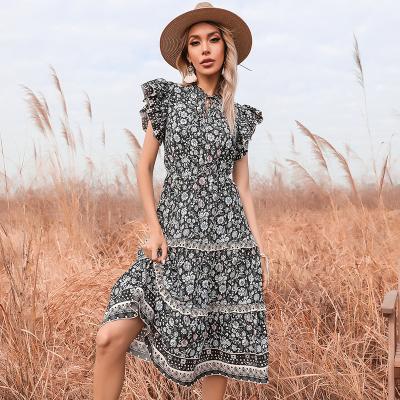 China 2021 New Flower Anti-wrinkle Summer Dress Trumpet Ear Sleeve Black Wooden Casual V-Neck Medium Length Dress For Women for sale