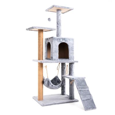 China Sustainable Modern Large Sisal Wooden Housing Plush Scratch Tree Climbing Pet Tree Cat Scratcher for sale