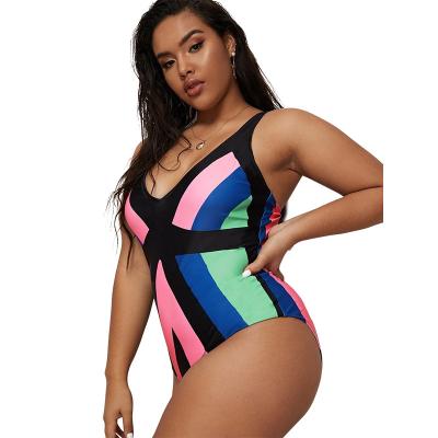 China Plus Size 2022 Large Size Bikini Striped Colorblock Printing Plus Fat Women's Conservative Swimwear XL-XXXXL One Piece Swimsuit for sale