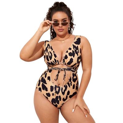 China Plus size new plus size plus size one-piece women's belly bikini swimsuit leopard print fat permeable swimsuit ladies for sale