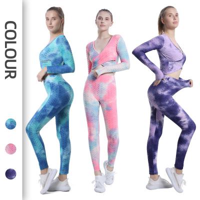 China Spring and autumn breathable yoga cross tops peach hip tie dye yoga pants jacquard fitness hip lift women sports suit wholesale for sale