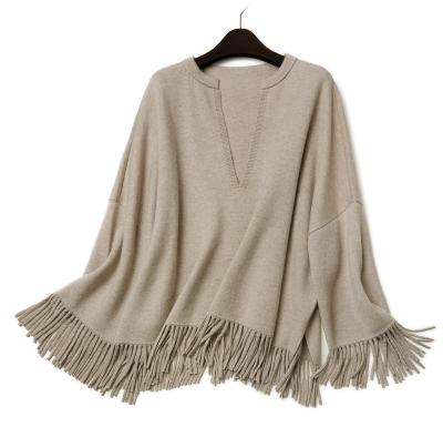 China Cashmere Knitted Tassel Edge Solid Women's Sleeves Long No Thick Edge Poncho Sweater Women With Tassels Wool Wrap for sale