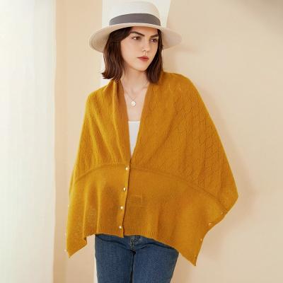 China 3 Way Women Knitted Pointelle Lace Buttons Up 3 Way Cashmere Wool Capes Stole Poncho Wrap Women for sale