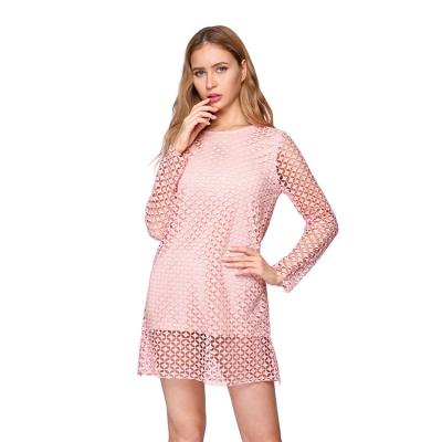 China 2020 New Design Anti-pilling Cute Hollow Out Girl Pink Sleeve Around Lace Blouse Women Lace Up Dress for sale