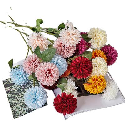 China Spot Goods Fast Delivery Silk Artificial Flower 3 Ball Chrysanthemum Head Bouquet For Party Gift for sale