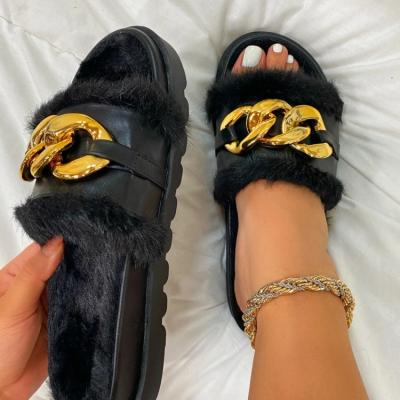 China 2021 fur light chain slides fashion thick-soled women's sandals wholesale wedge platform ladies sandals high quality for sale