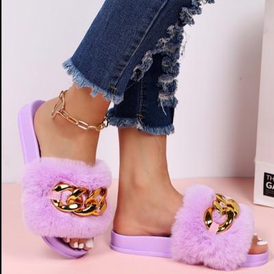 China 2021 fall fur chain slides light fashion high quality ladies sandals wholesale flat pretty solid women's slipper for sale