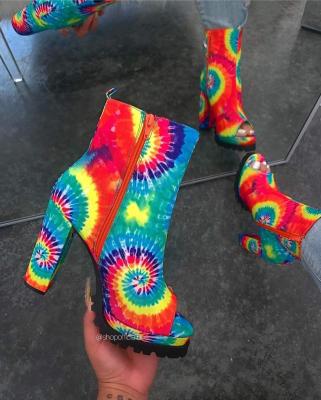 China Round 2020 Winter Fall Fashion Boots Tie Dye Printed Rainbow Casual Shoes Pretty Fish Mouth Cashew Flower Satin High Heels Boots for sale