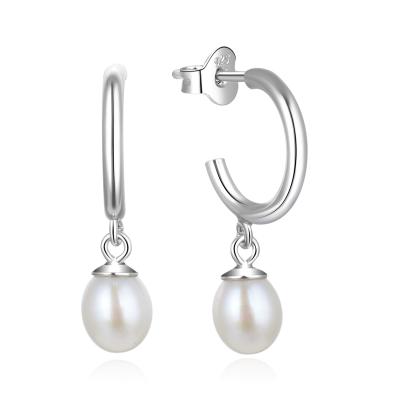 China TRENDY 925 Sterling Silver Post Round Edge Dangle Pearl Circle Women Open Earrings for sale