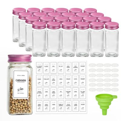 China Viable 24 Pack Glass Spice Jars Bottles Empty 4oz Square Spice Containers With Pink Metal Lids And Collapsible Funnel for sale