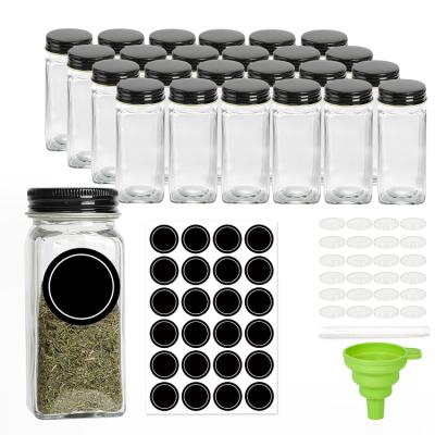 China Sustainable 24pcs Black Round Jars Spice Set Square 4oz Glass Seasoning Bottles With Black Metal Top And Collapsible Funnel for sale