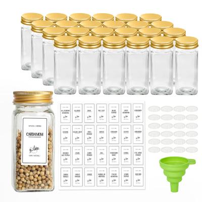 China Sustainable Set of 24 Glass Jars 120Ml 4oz Condiment Seasoning Bottles With Lid 28Pcs Gold 24Pcs Labels 1Pcs Silicone Funnels for sale