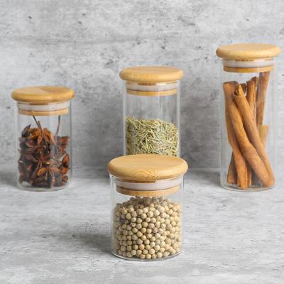 China Factory direct stocked high quality kitchen whole sale 100ml glass spice jars with bamboo lids for sale