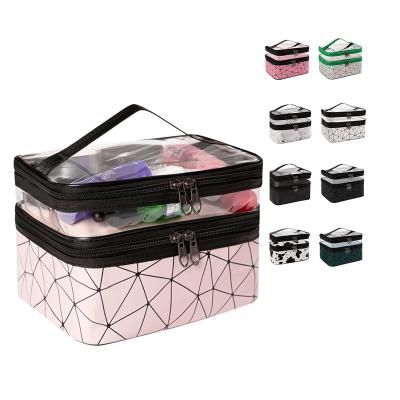 China Fashion Wholesale Travel Portable Transparent PVC PU Makeup Bag Clear Toiletry Organizer Double-layer Cosmetic Bags Waterproof for sale