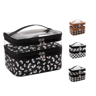 China Fashion Trendy Unique Multi Functional Organizer Makeup Toiletry Bag 4 Colors Double Layer Transparent Travel Cosmetic Bag for sale