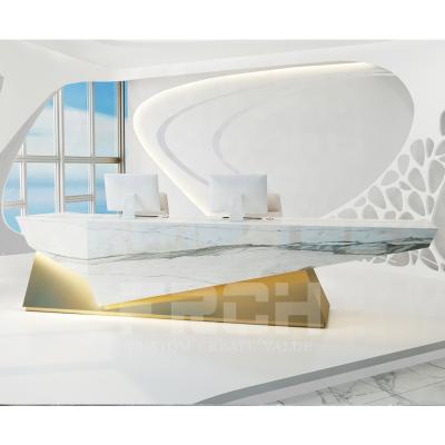 China Unique 2 Person Clinic Reception Desk Custom Gold Marble Art Shape Salon Reception Counter Modern for sale