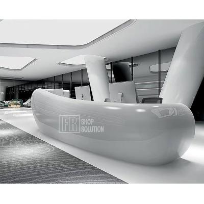 China Whole Piece Modern Design High Tech Ready Mounted Reception Counter Wood Curved Led Receptions Desk For Hotel for sale